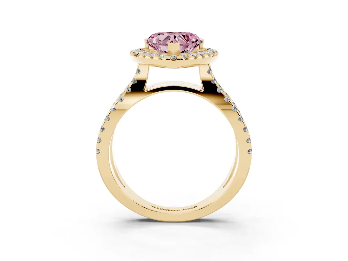 Fancy Pink Heart Cut Diamond Halo Ring with Split Shank Pavé Band and Prong Setting Yellow gold