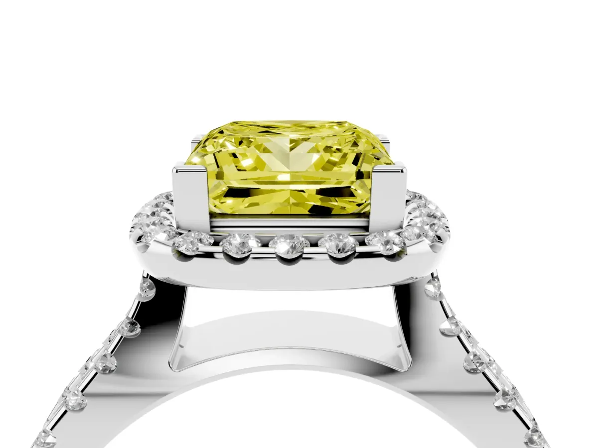 Fancy Yellow Princess Cut Diamond Halo Ring with Split Shank Pavé Band and Prong Setting White gold