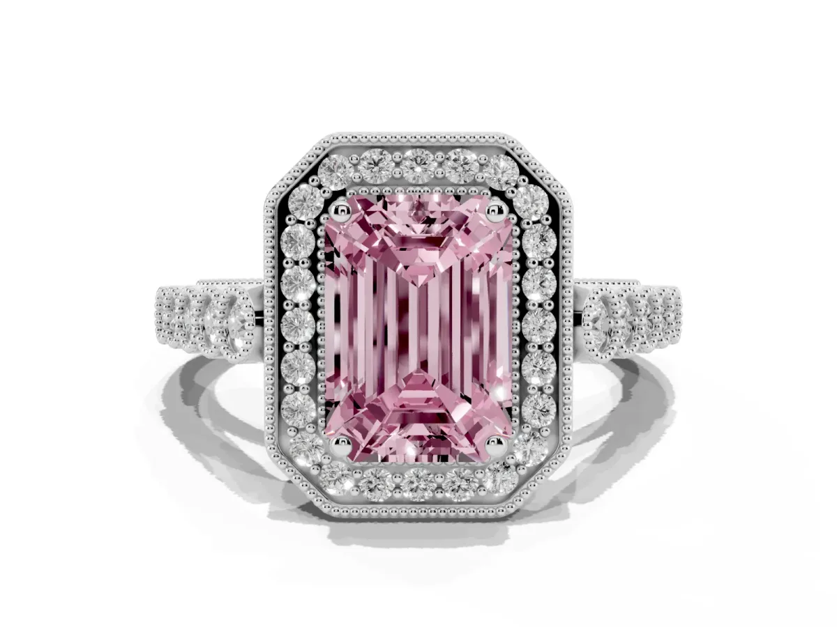 Fancy Pink Emerald Cut Halo Milgrain Solitaire with Bezel Set Side Stones and Pave Band White gold