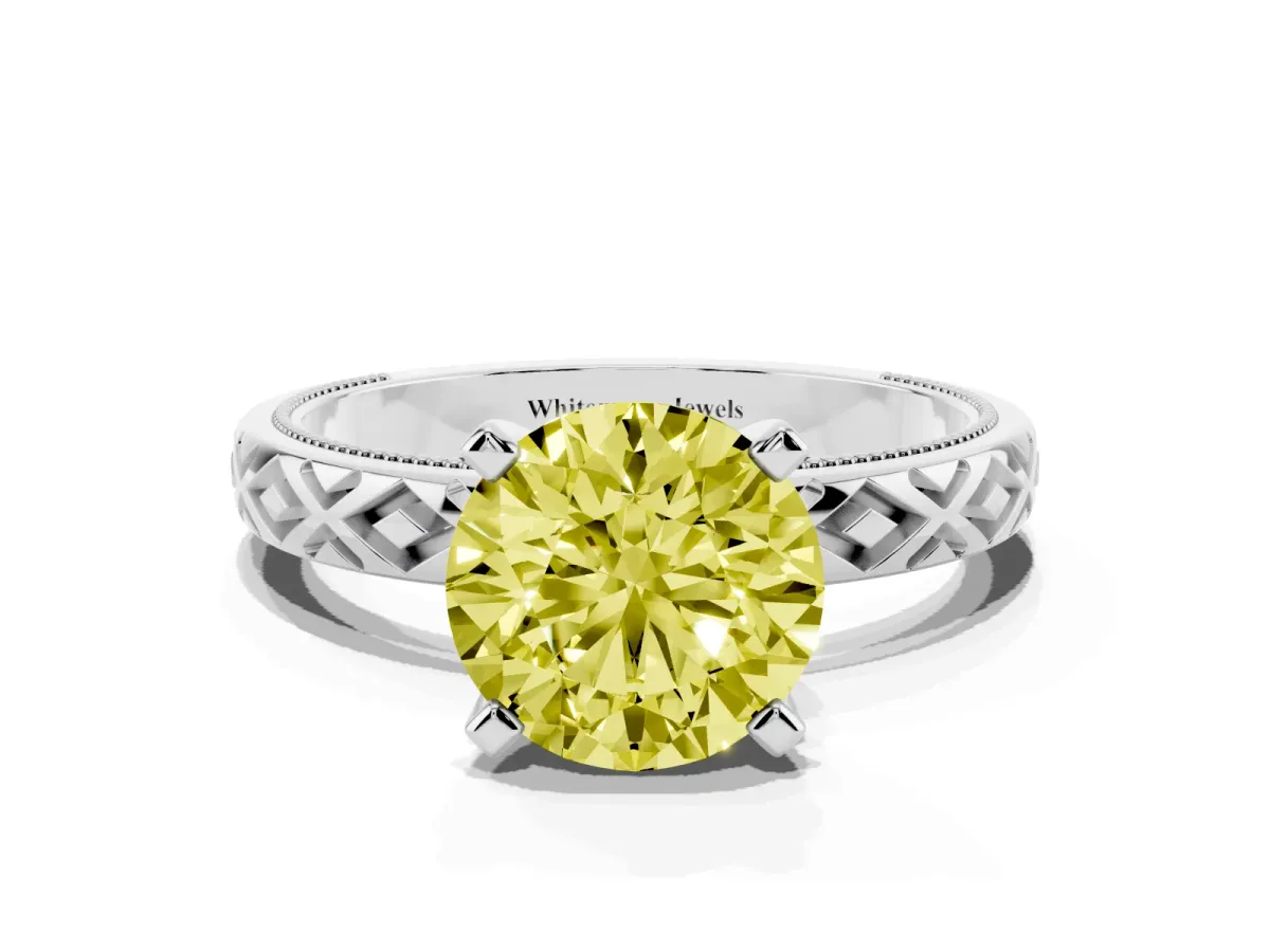 Fancy Yellow Round Cut Solitaire Diamond Ring with Milgrain and Black Enamel X Pattern Band Silver