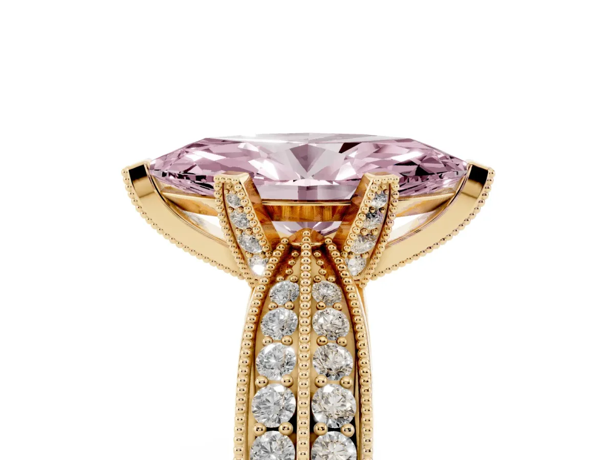 Fancy Pink Marquise Cut Diamond Solitaire Ring with Milgrain Round Pavé Band and Prong Setting Yellow gold
