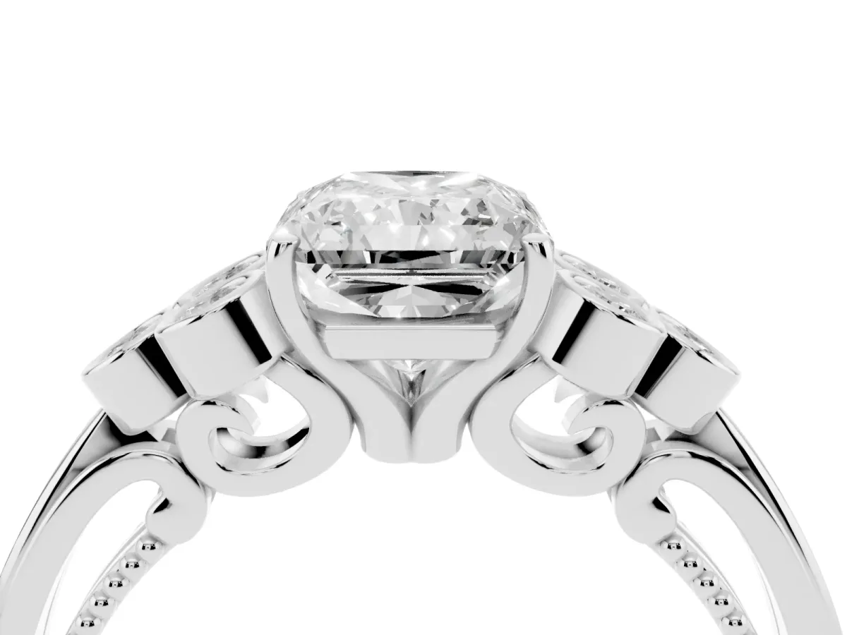 Radiant Cut Cut Diamond Engagement Ring with Bezel Set Round Side Stones and Prong Setting Silver