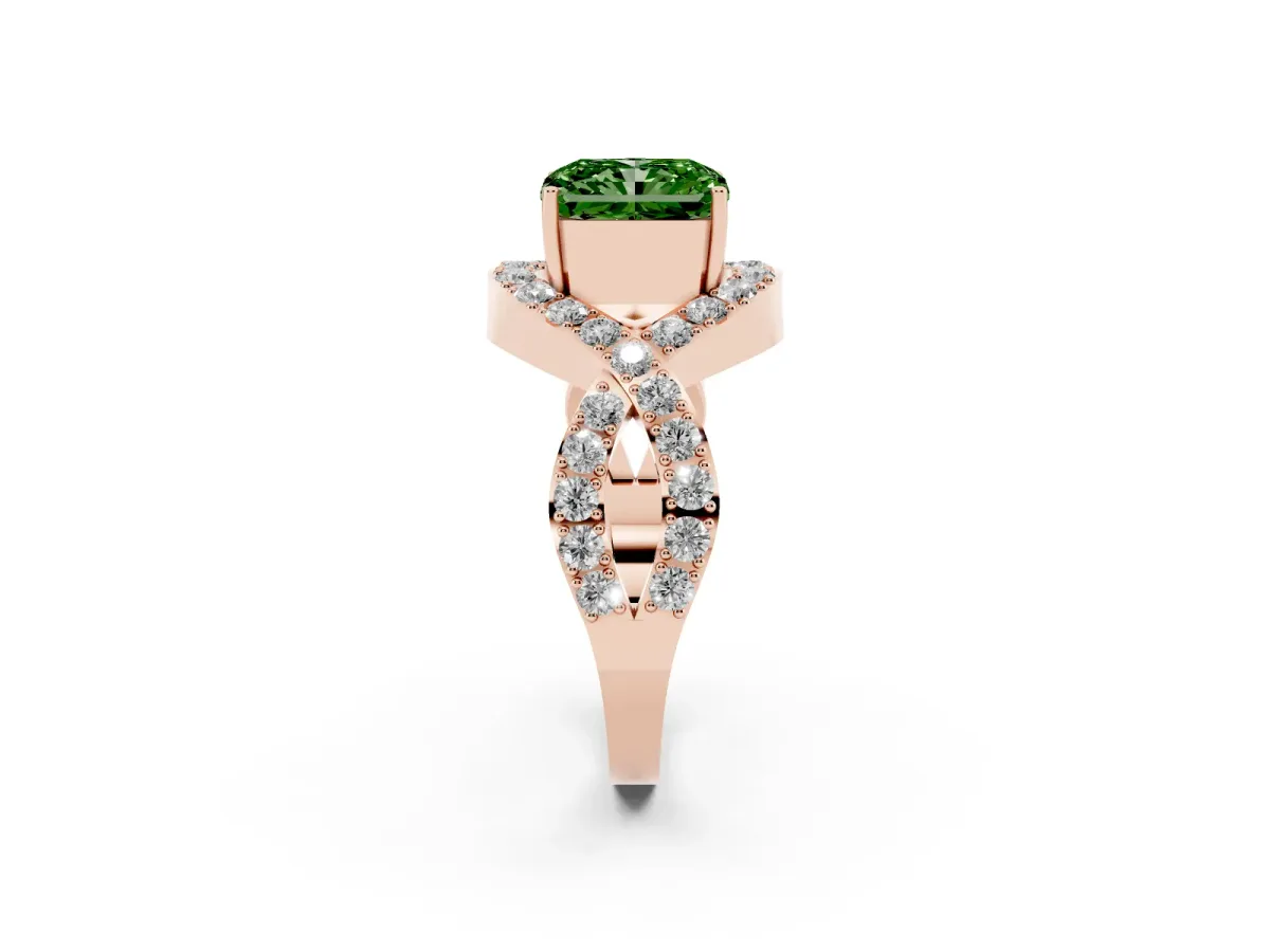 Fancy Green Radiant Cut Solitaire Twist Band Pavé Diamond Engagement Ring Rose gold