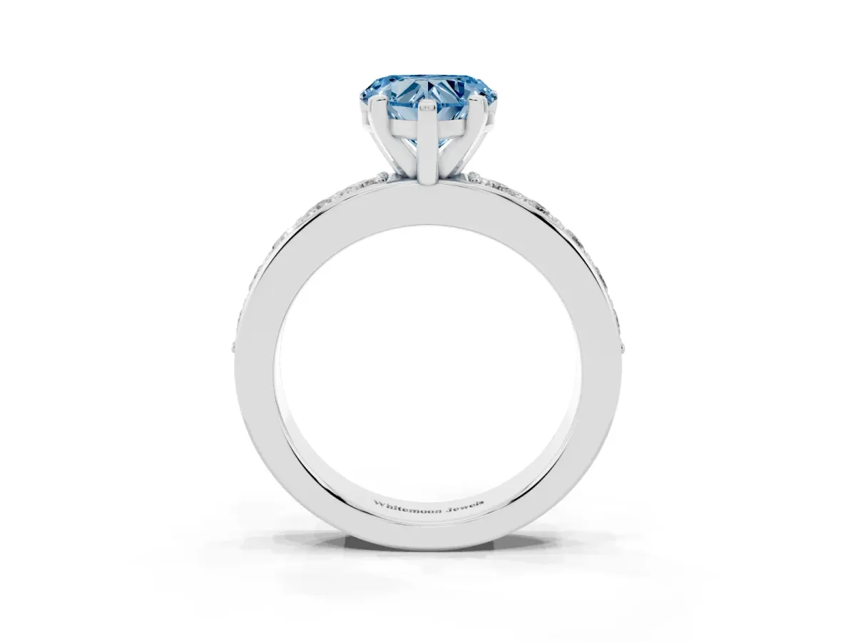 Fancy Blue Heart Cut Diamond Engagement Ring with Channel Set Round Band and Prong Setting Silver
