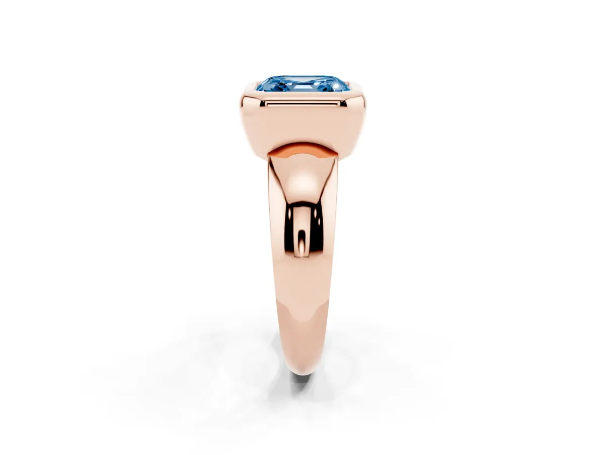 Fancy Blue Bezel Set Asscher Cut Solitaire Ring with Wide Band Rose gold