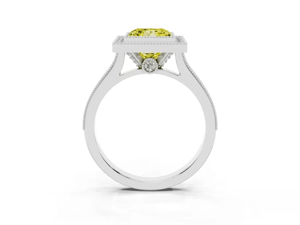 Fancy Yellow Halo Princess Cut-Cut Diamond Pave Band Milgrain Prong Setting Ring White gold