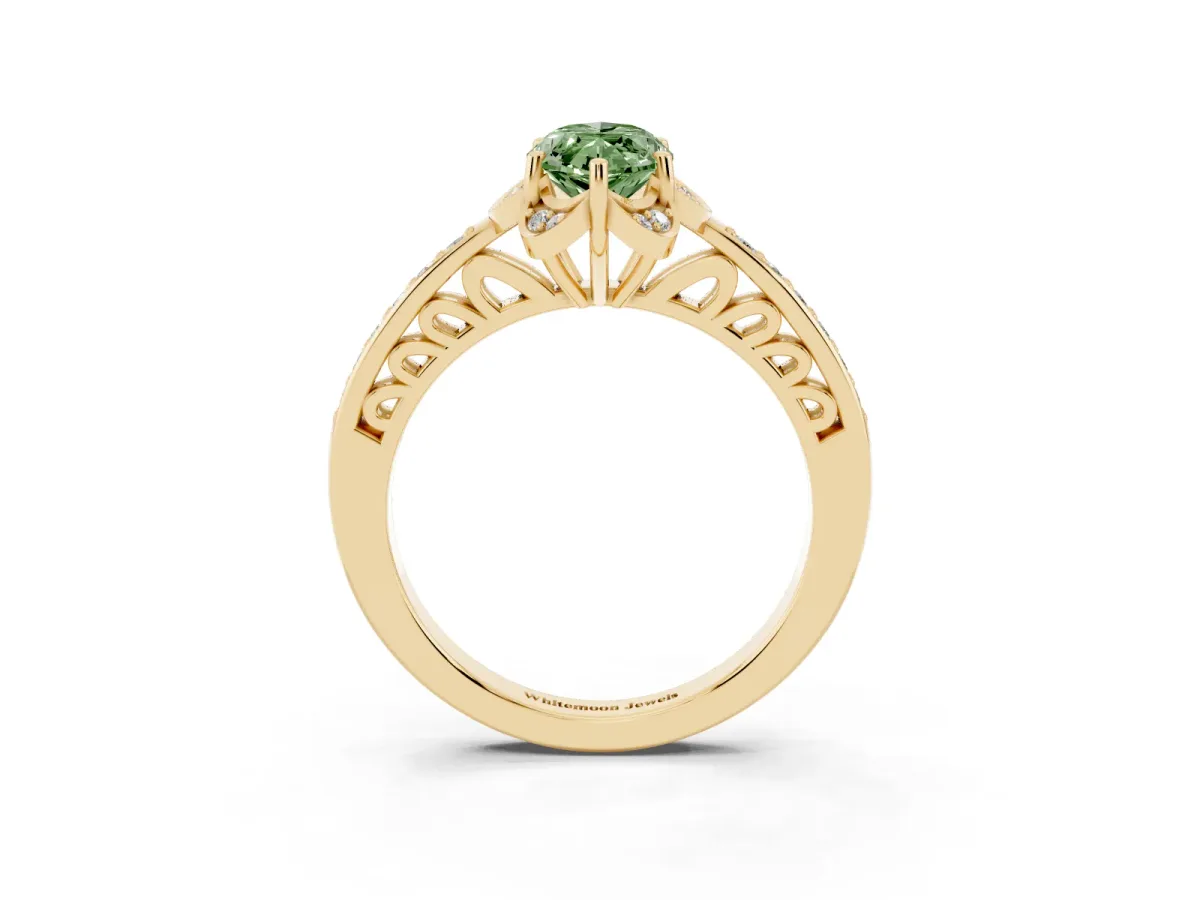 Fancy Green Marquise Cut Cut Halo Diamond Ring with Channel Set Band and Four-Prong Setting Yellow gold