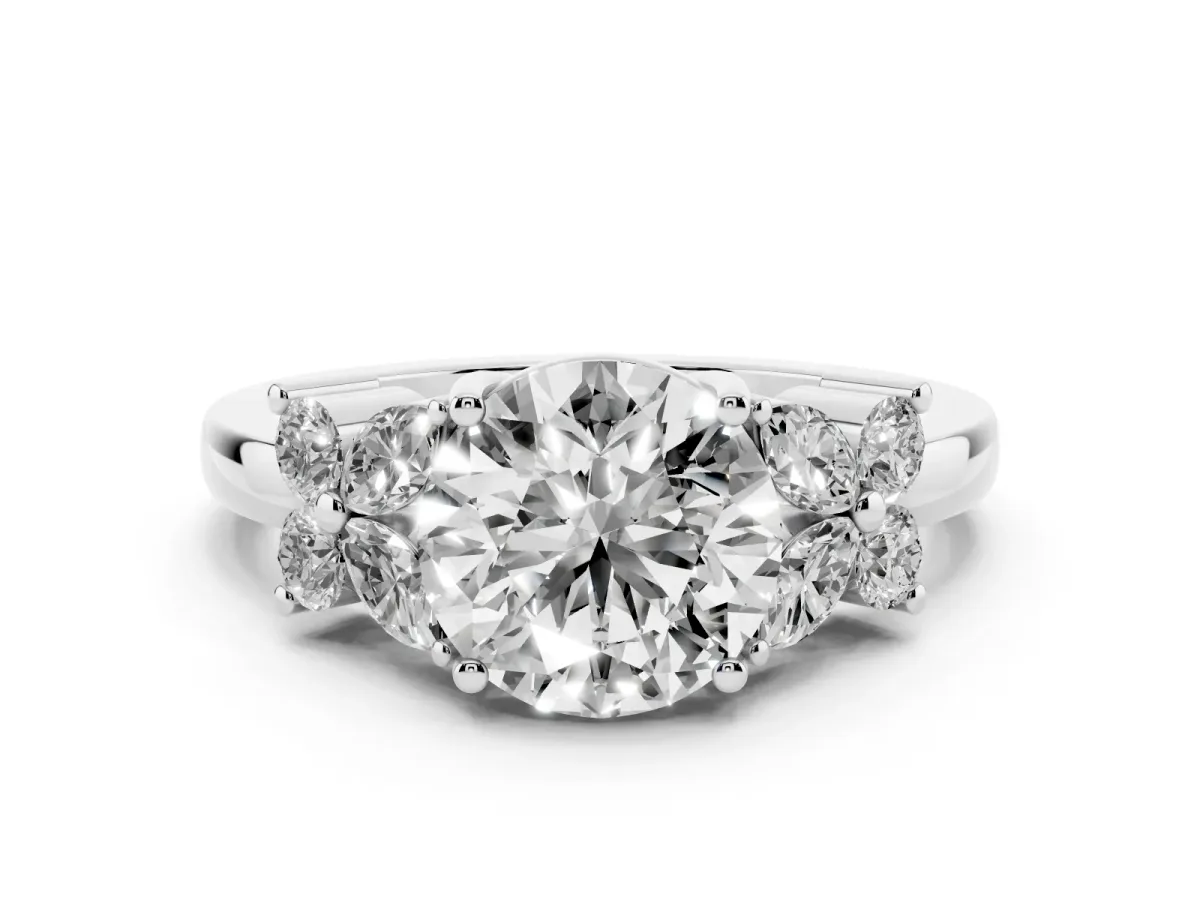 Round Cut Diamond Floral Cluster Ring with Solitaire Band and Prong Setting Silver