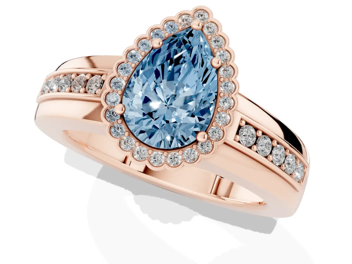 Fancy Blue Pear Cut Cut Halo Pave Band Four-Prong Ring Rose gold