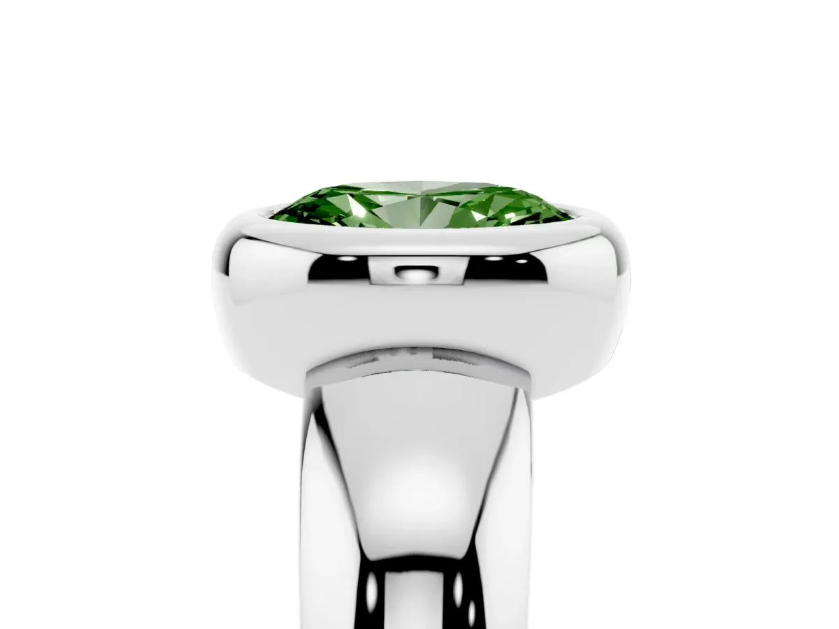 Fancy Green Bezel Set Oval Cut Solitaire Ring with Wide Band Silver