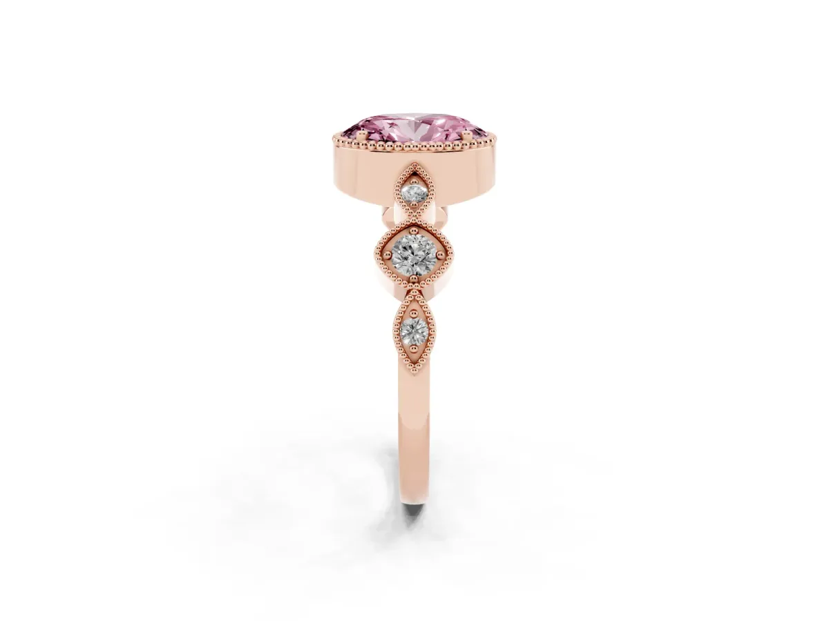 Fancy Pink Oval Cut Diamond Vintage Milgrain Ring with Round Stations Rose gold