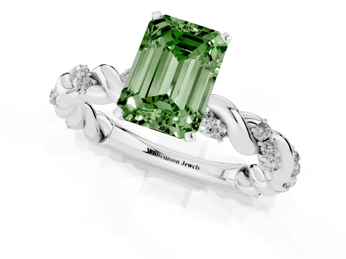 Fancy Green Emerald Cut Diamond Solitaire Ring with Twisted Band and Pavé Accents Silver