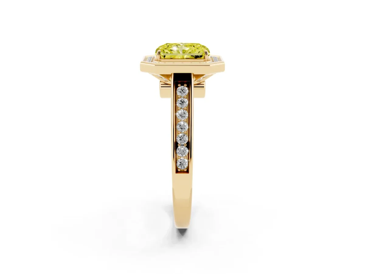 Fancy Yellow Radiant Cut Halo Solitaire Diamond Ring with Pave Band and Bezel Setting Yellow gold