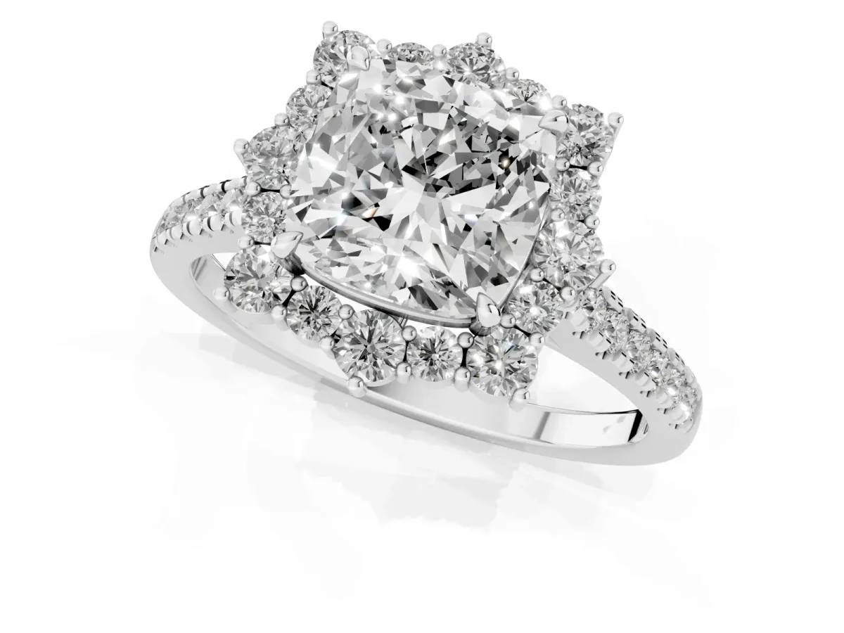 Cushion Cut Halo Diamond Ring with Pavé Band and Prong Setting Silver