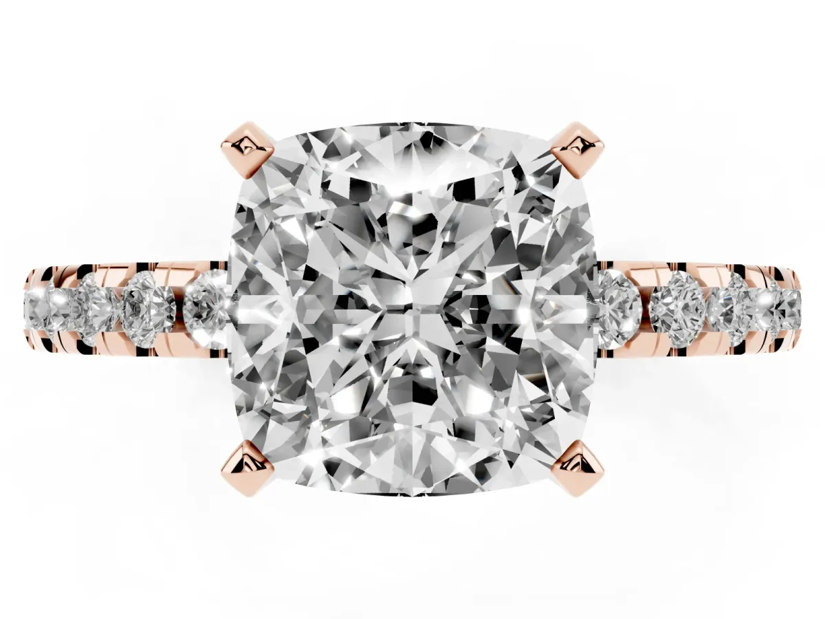 Cushion Cut Diamond Solitaire Ring with Round Pavé Band and Four-Prong Setting Rose gold