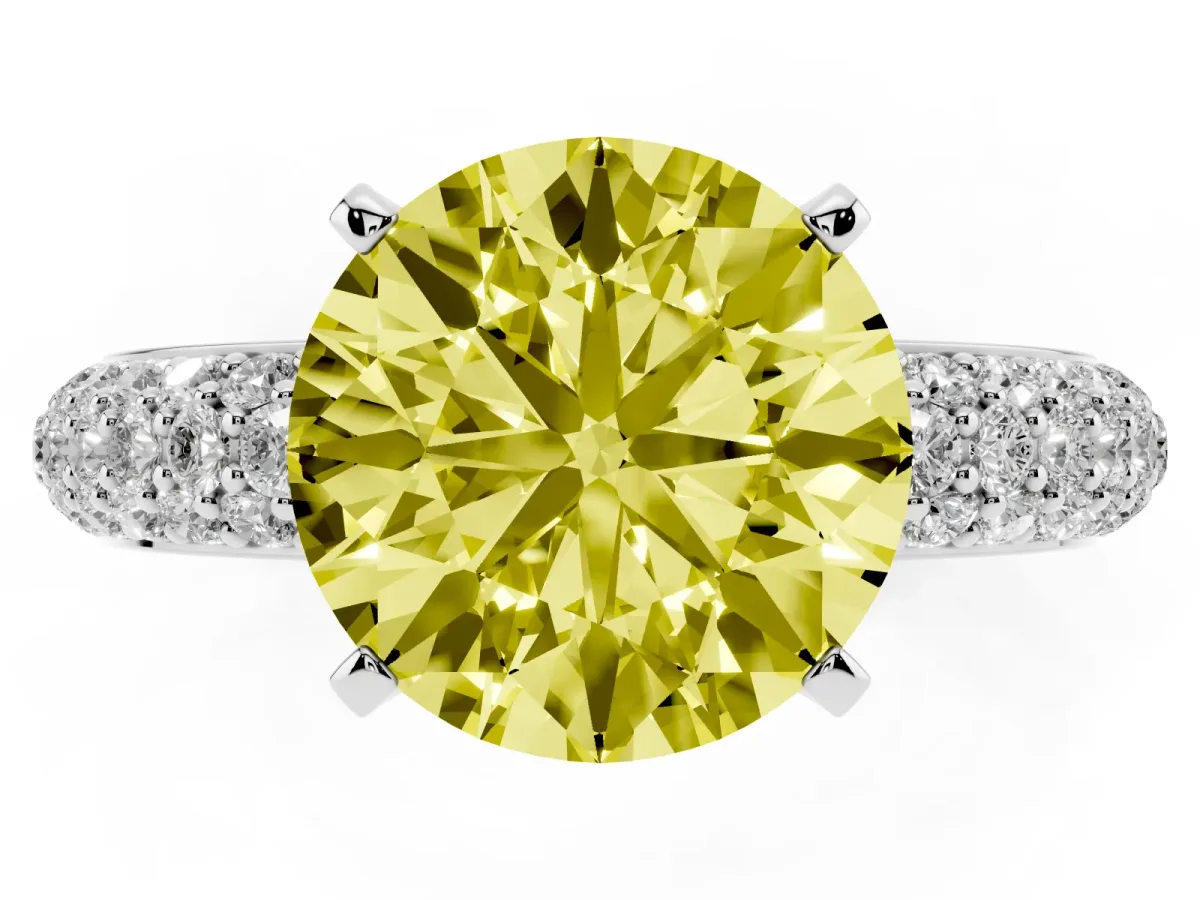Fancy Yellow Round Cut Diamond Solitaire Ring with Prong Setting and Pavé Band Silver