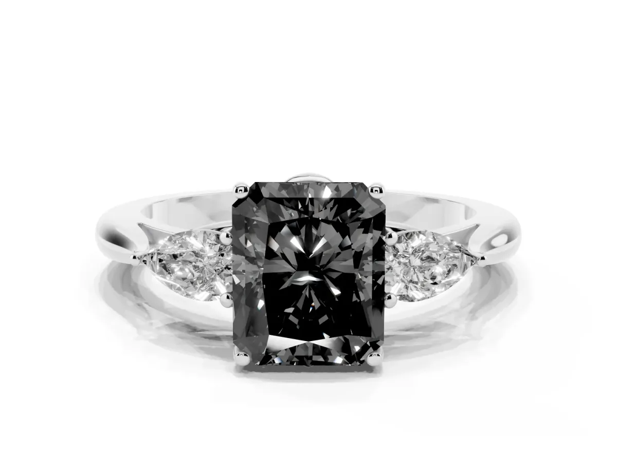 Fancy Black Three-Stone Radiant Cut Brilliant Diamond Solitaire Ring with Tapered Band and Four-Prong Setting Silver
