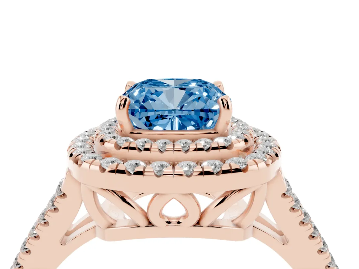 Fancy Blue Cushion Cut Diamond Double Halo Ring with Pavé Band and Prong Setting Rose gold