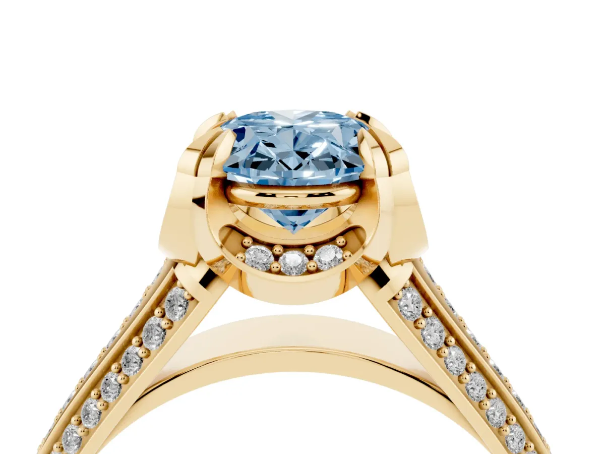 Fancy Blue Oval Cut Solitaire Pave Split Shank Ring with Four-Prong Setting Yellow gold