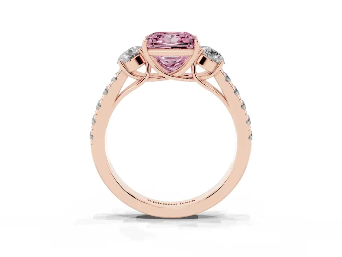 Fancy Pink Princess Cut Cut Diamond Three-Stone Ring with Round Side Stones and Pavé Band Rose gold