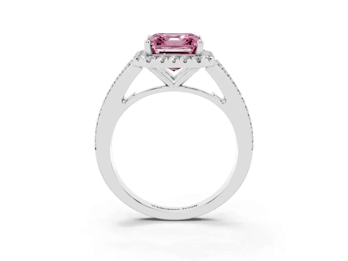 Fancy Pink Asscher Cut Halo Split Shank Diamond Ring with Prong Setting Silver