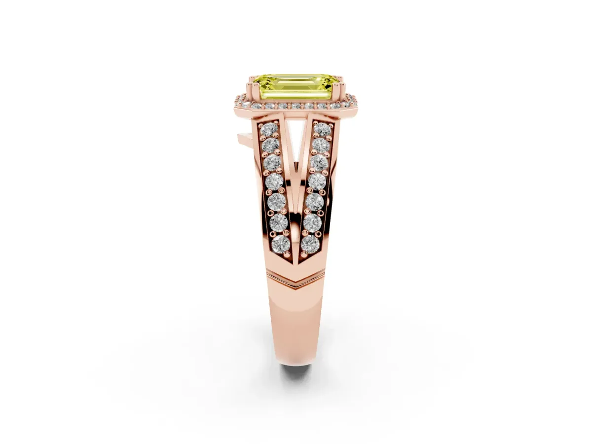 Fancy Yellow Emerald Cut Diamond Halo Ring with Split Shank Pavé Band and Four-Prong Setting Rose gold