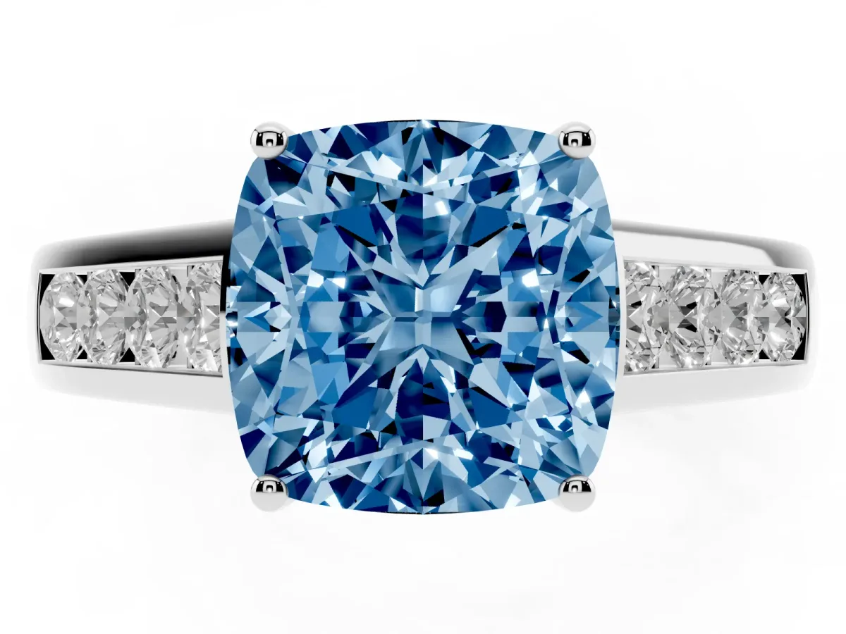Fancy Blue Cushion Cut Brilliant Channel-Set Solitaire Ring with Four-Prong Setting Silver