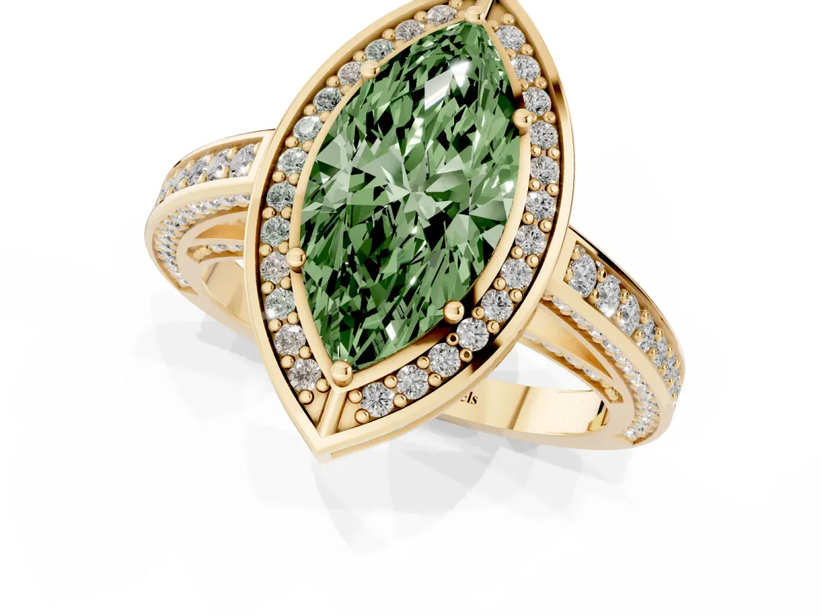Fancy Green Marquise Cut Cut Halo Pave Split Shank Prong Setting Ring Yellow gold