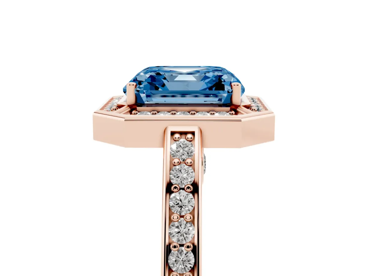 Fancy Blue Asscher Cut Cut Halo Pave Split Shank Prong Setting Ring Rose gold