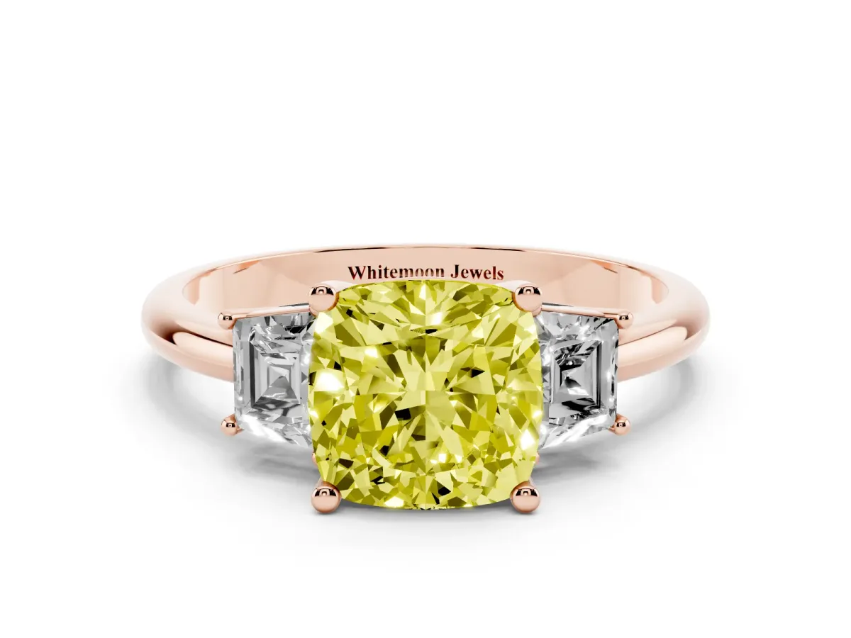 Fancy Yellow Cushion Cut Diamond Three-Stone Ring with Trapezoid Side Stones and Prong Setting Rose gold