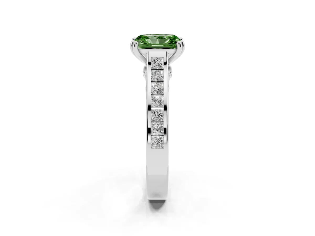 Fancy Green Radiant Cut Cut Channel Set Solitaire Engagement Ring with Prong Setting Silver