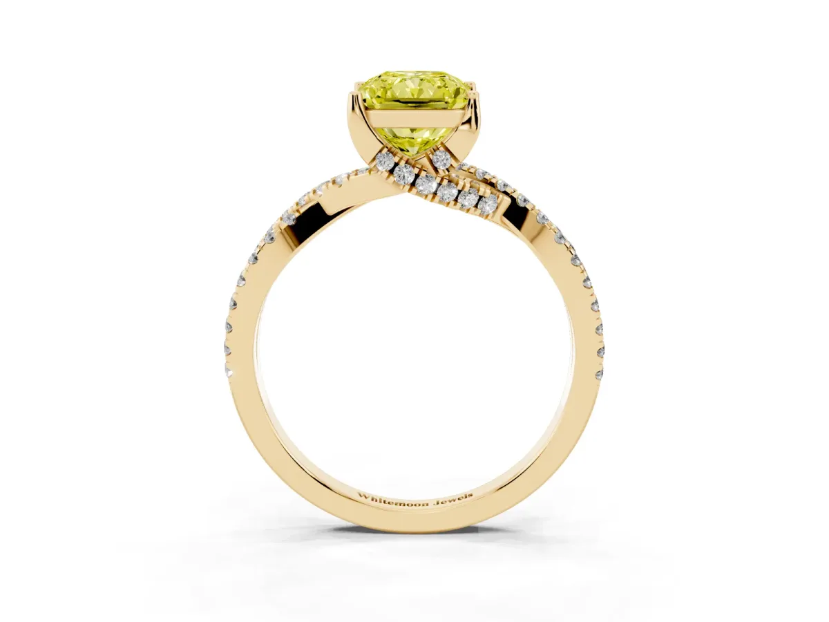 Fancy Yellow Radiant Cut Solitaire Twist Pave Diamond Engagement Ring with Prong Setting Yellow gold