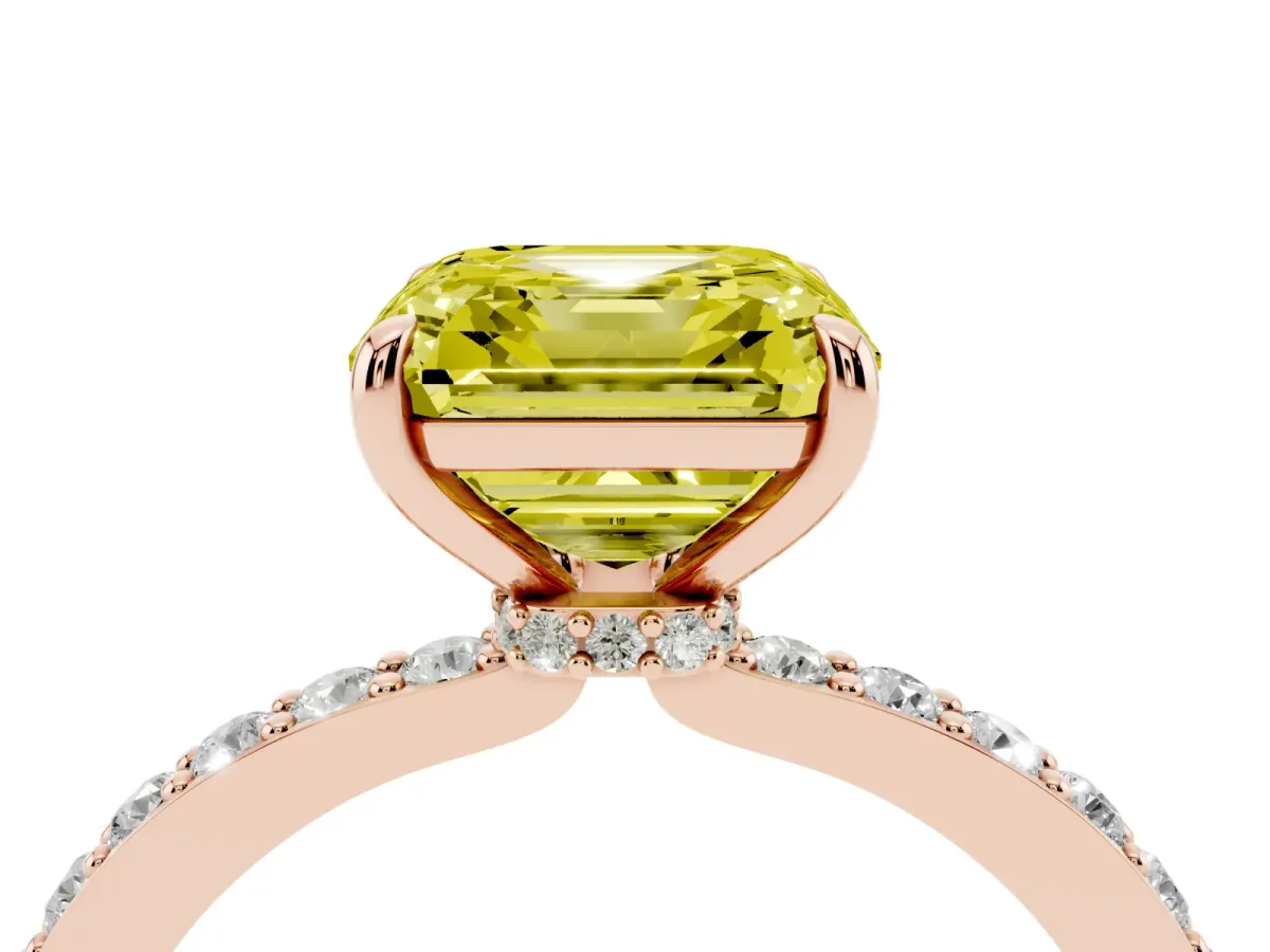 Fancy Yellow Asscher Cut Diamond Solitaire Engagement Ring with Pavé Band and Four-Prong Setting Rose gold