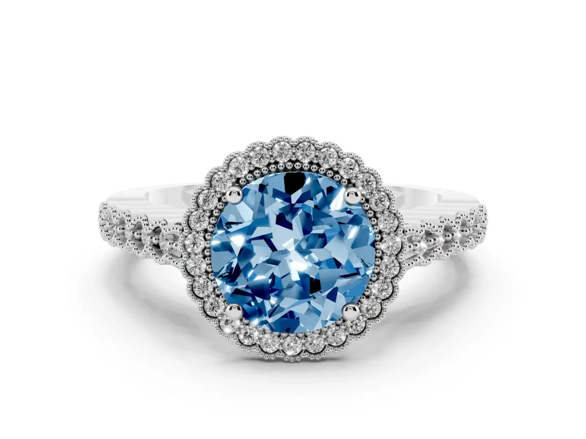 Fancy Blue Round Cut Cut Halo Pavé Solitaire Ring with Milgrain Band Silver