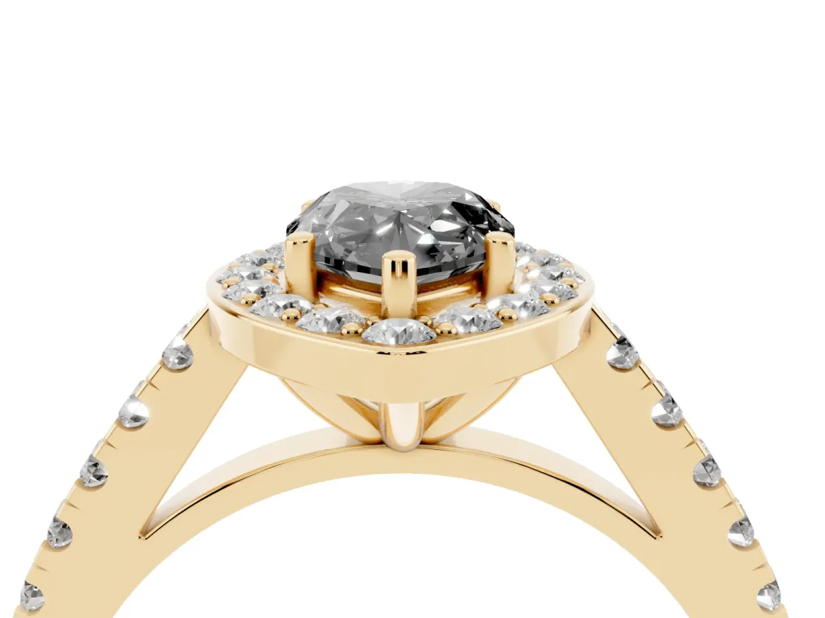 Fancy Black Pear Cut Diamond Halo Ring with Round Pavé Split Shank and Prong Setting Yellow gold