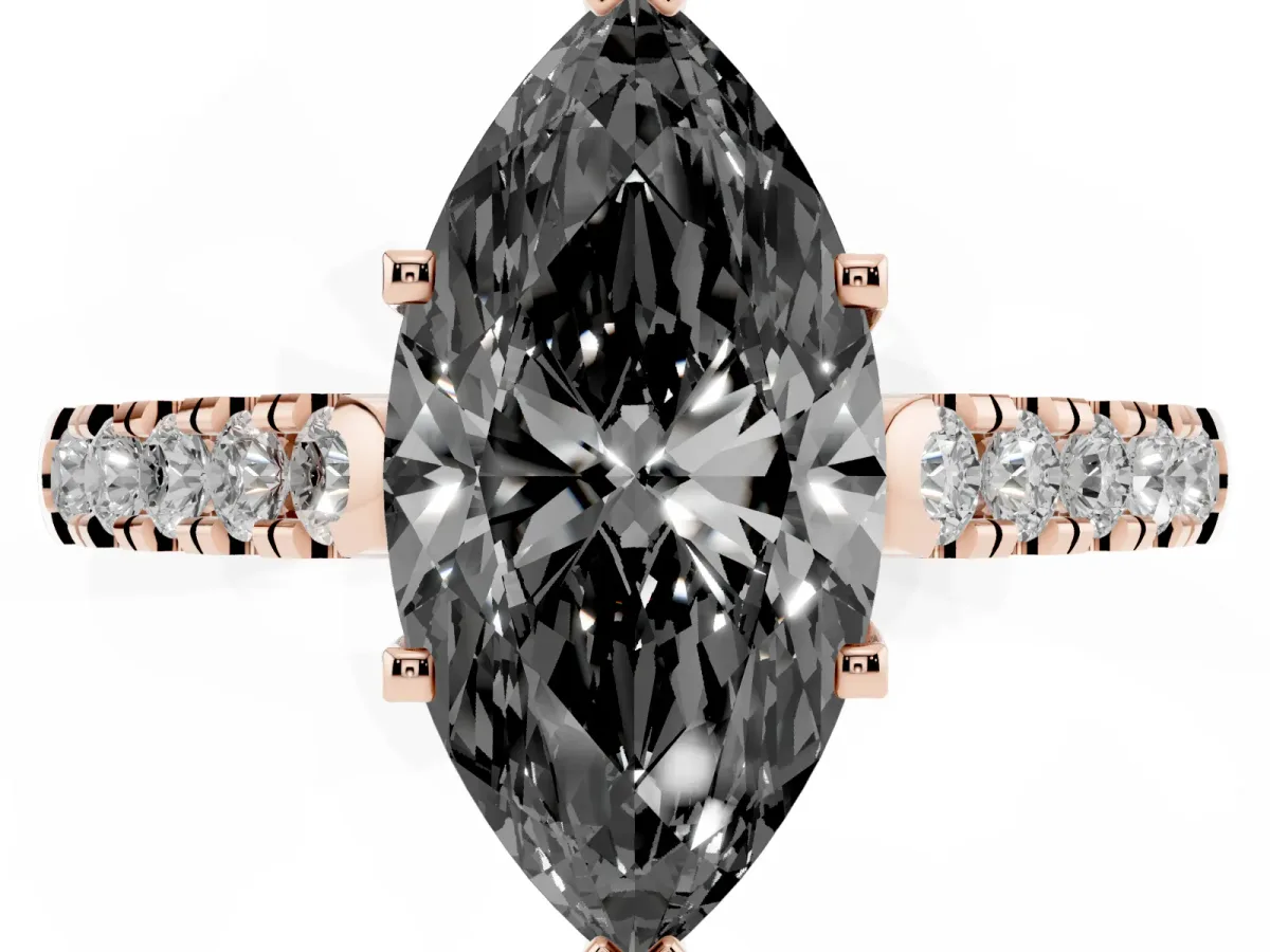 Fancy Black Marquise Cut Diamond Pavé Band Solitaire Ring with Prong Setting Rose gold