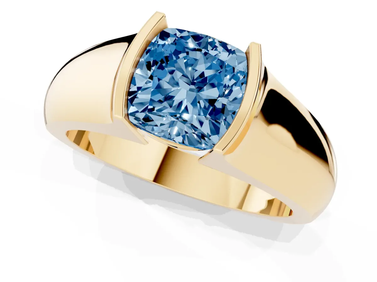 Fancy Blue Cushion Cut Solitaire Bezel Set Diamond Ring with Wide Band Yellow gold