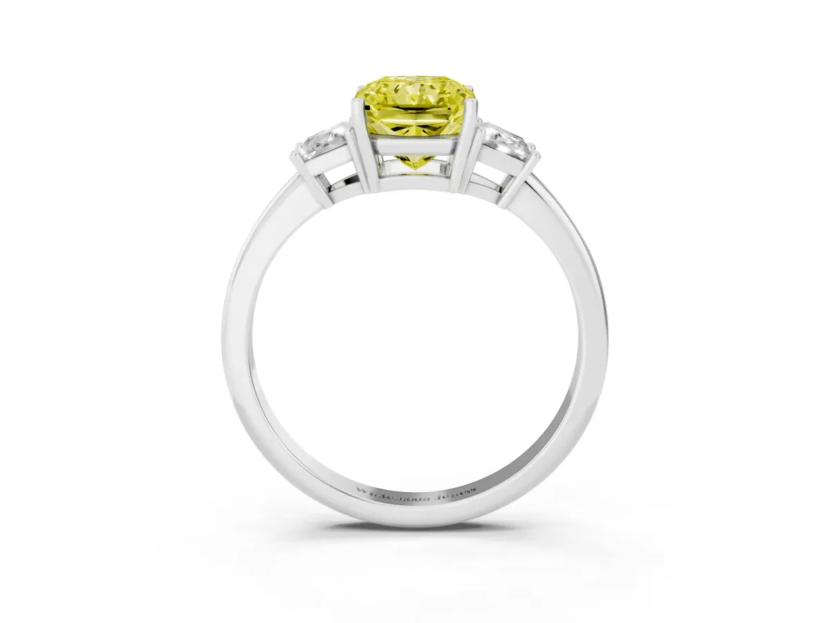 Fancy Yellow Radiant Cut Diamond Three-Stone Ring with Trapezoid Side Stones and Prong Setting Silver