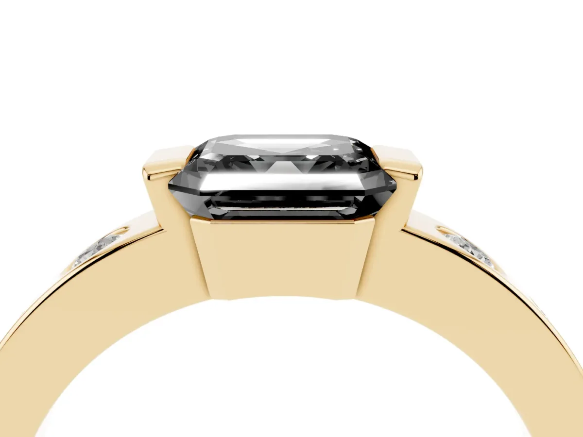 Fancy Black Asscher Cut Brilliant Channel-Set Diamond Ring with Bezel Prong Setting Yellow gold