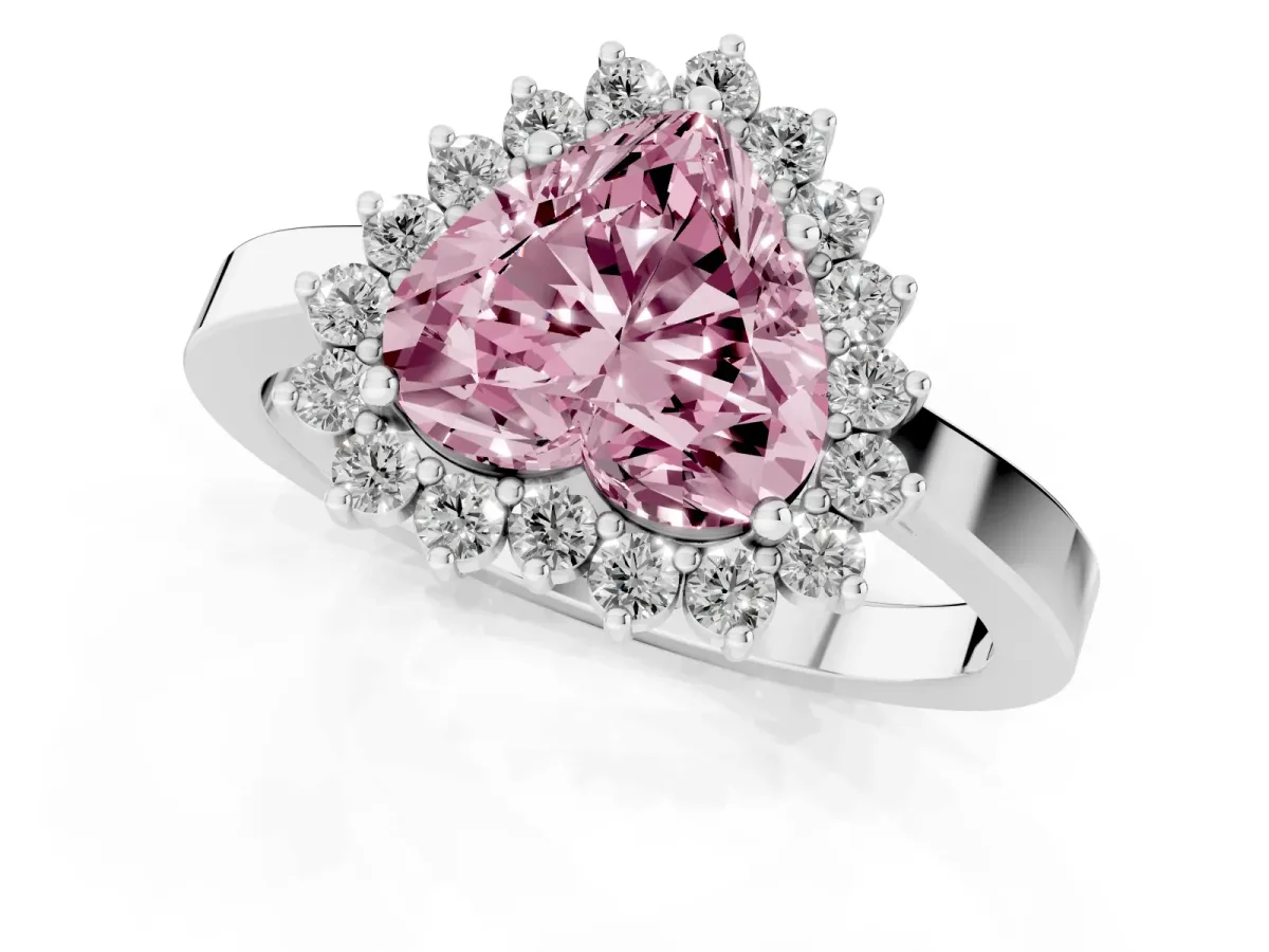 Fancy Pink Heart Cut Cut Diamond Halo Ring with Round Brilliant Halo and Solitaire Band Platinum