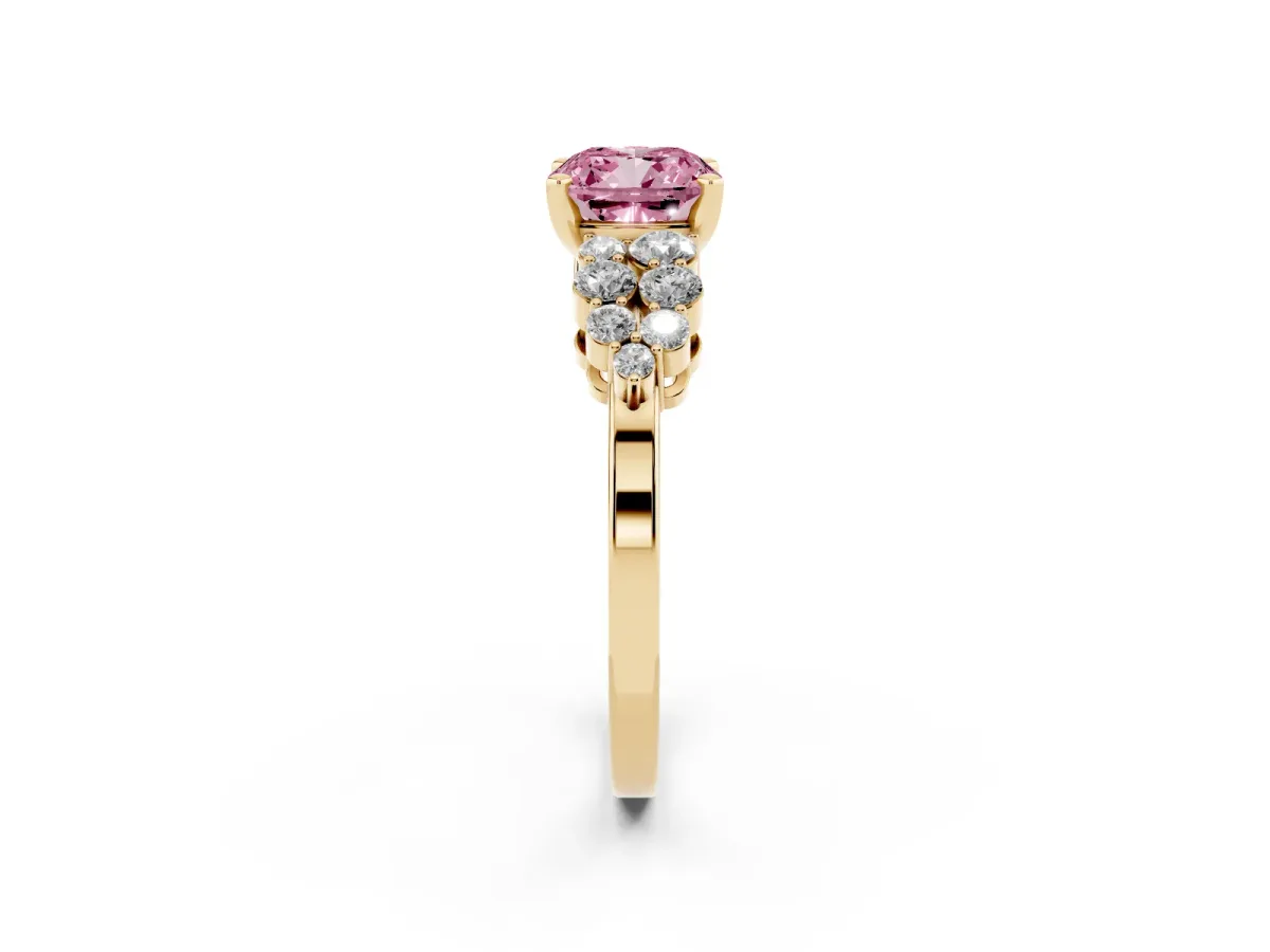 Fancy Pink Cushion Cut Cluster Diamond Engagement Ring with Pavé Band and Four-Prong Setting Yellow gold