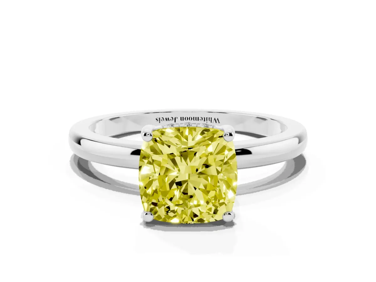 Fancy Yellow Cushion Cut Solitaire Diamond Ring with Prong Setting and Plain Band Platinum