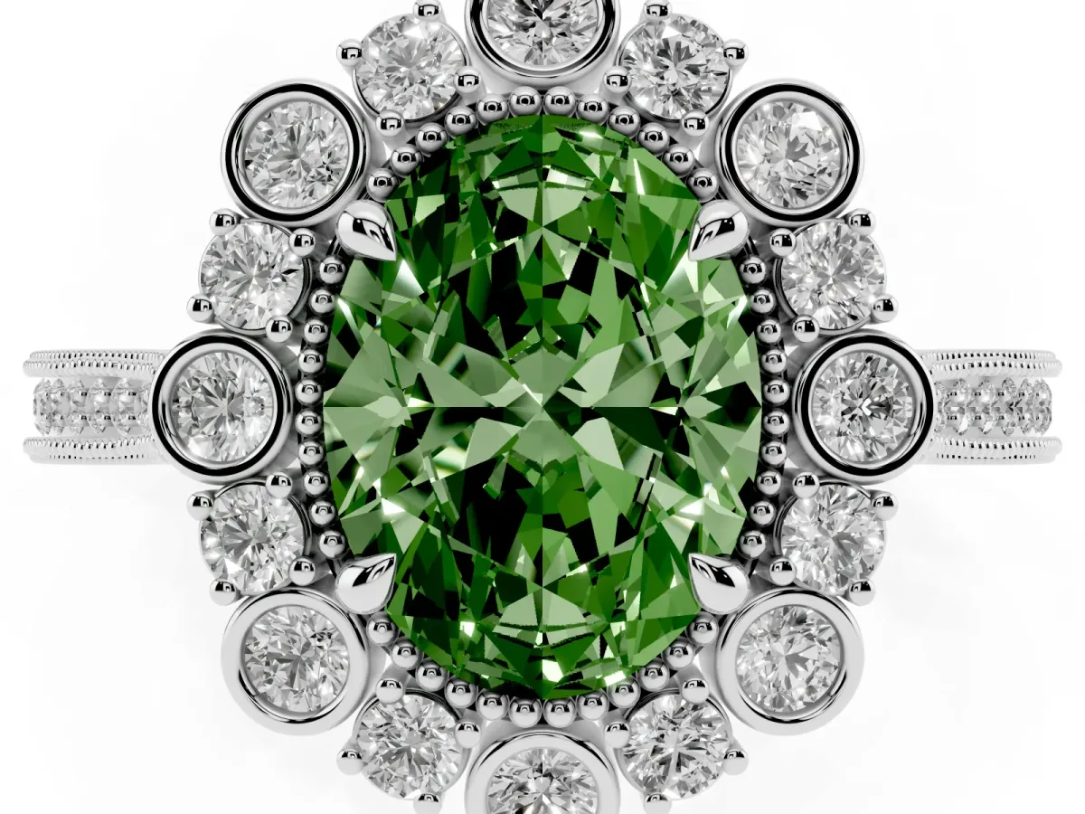 Fancy Green Oval Cut Halo Milgrain Pave Diamond Ring with Four-Prong Setting Silver