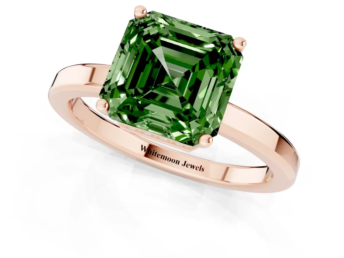 Fancy Green Asscher Cut Cut Solitaire Engagement Ring with Four-Prong Setting on a Classic Band Rose gold