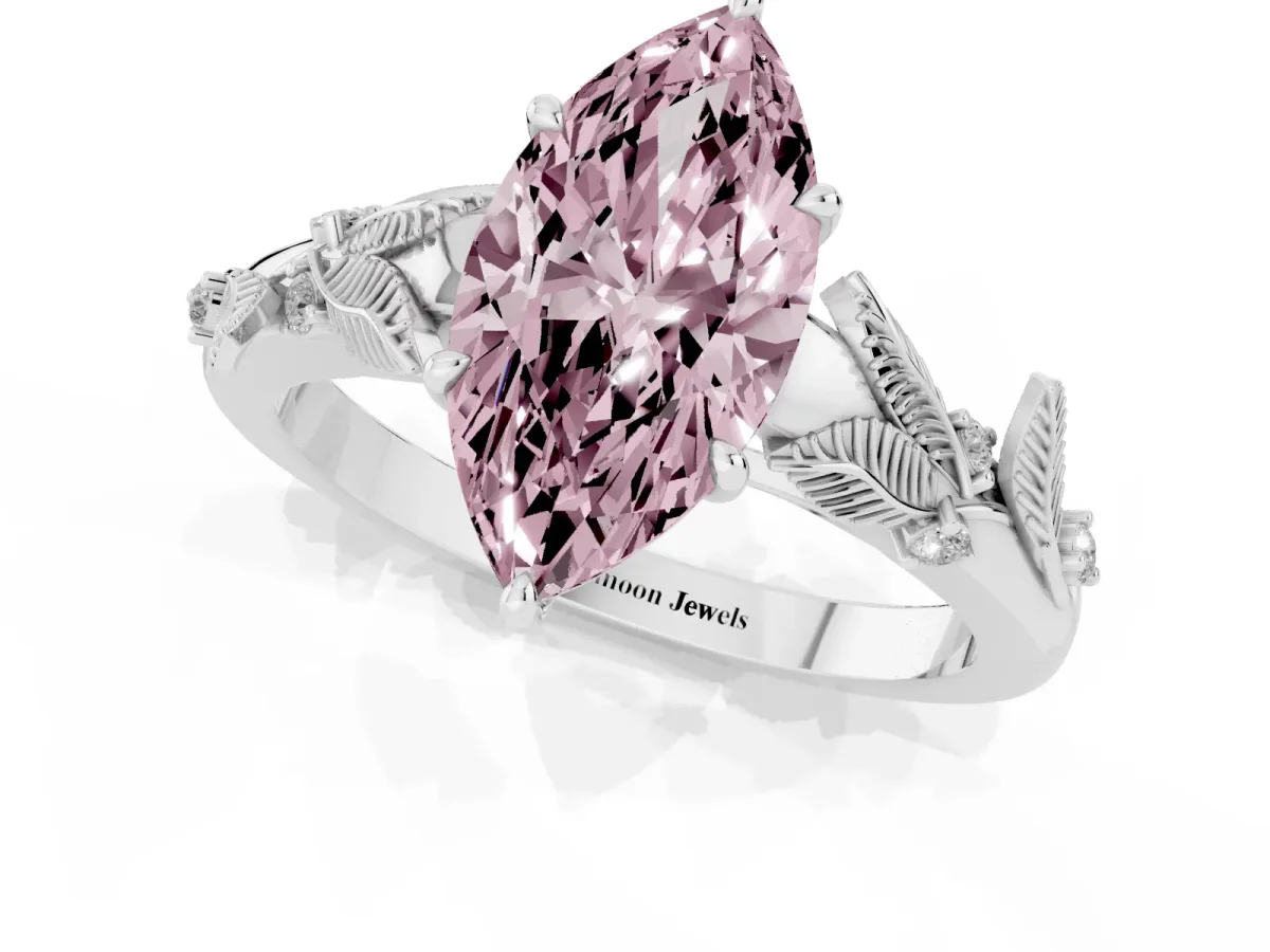 Fancy Pink Marquise Cut Diamond Solitaire Ring with Leaf Motif Band and Four-Prong Setting Silver
