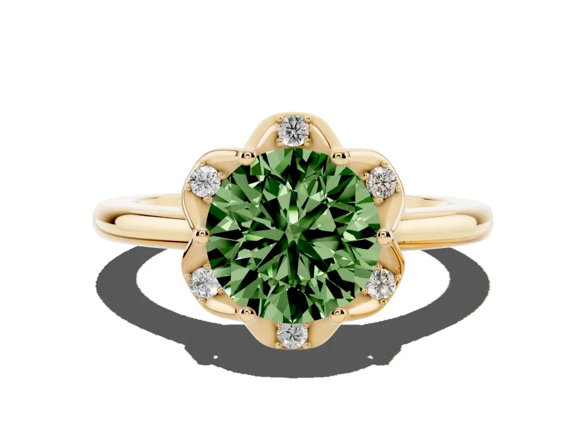 Fancy Green Round Cut Halo Diamond Ring with Round Cluster Setting, Solitaire Band, and Four-Prong Setting Yellow gold