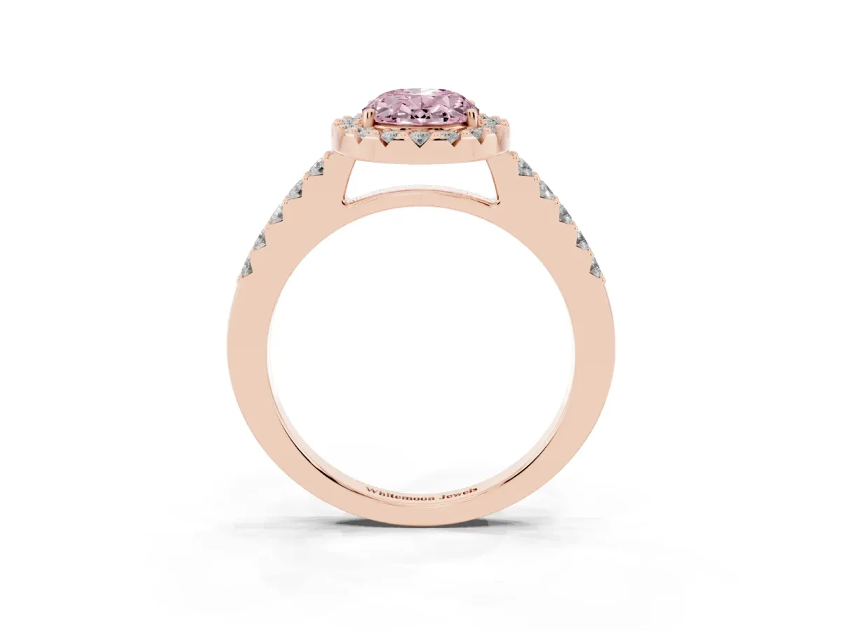 Fancy Pink Oval Cut Halo Diamond Pavé Solitaire Ring Rose gold