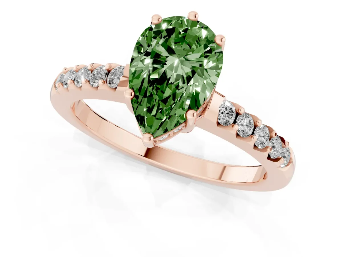 Fancy Green Pear Cut Solitaire Diamond Engagement Ring with Pavé Band and Six-Prong Setting Rose gold