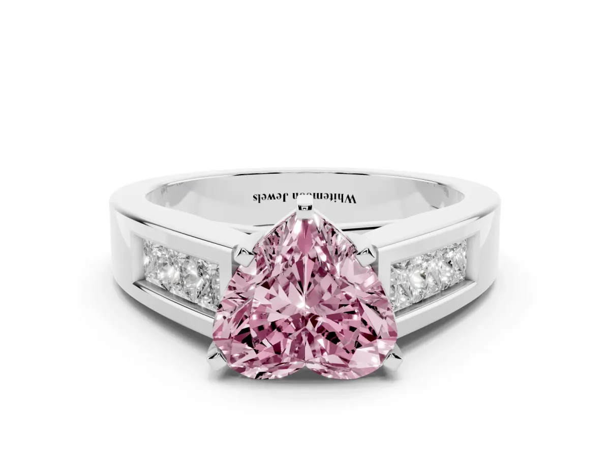 Fancy Pink Heart Cut Cut Channel Set Solitaire Ring with Four-Prong Setting Platinum