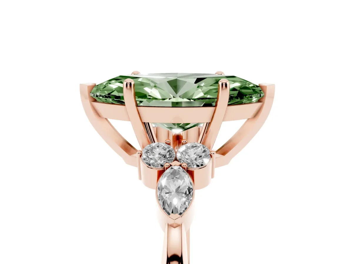 Fancy Green Marquise Cut Brilliant Diamond Solitaire Ring with Pear Side Stones and Four-Prong Setting Rose gold